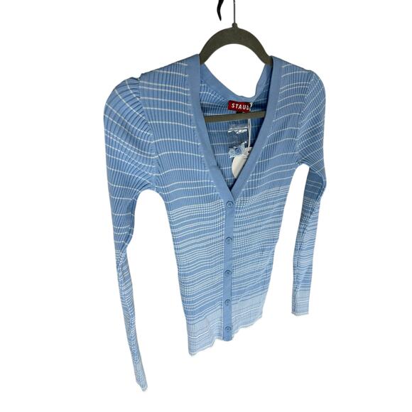 Staud Cargo Sweater Cardigan Ribbed Knit Striped Quiet Luxury French Blue Size L - Picture 4 of 9